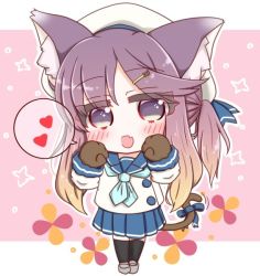 Rule 34 | 1girl, :d, animal ear fluff, animal ears, animal hands, beret, black thighhighs, blue bow, blue sailor collar, blue skirt, bow, brown hair, cat ears, cat girl, cat hair ornament, cat tail, chibi, commentary request, fang, full body, fur-trimmed sleeves, fur trim, gloves, gradient hair, grey footwear, hair ornament, hairclip, hat, heart, kantai collection, kemonomimi mode, loafers, long hair, long sleeves, multicolored hair, open mouth, paw gloves, pink background, pleated skirt, ponytail, purple eyes, purple hair, ridy (ri sui), sailor collar, school uniform, serafuku, shirt, shoes, sidelocks, skirt, smile, solo, sparkle, spoken heart, standing, tail, tail bow, tail ornament, thighhighs, tsushima (kancolle), two-tone background, very long hair, white background, white hat, white shirt