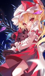 Rule 34 | 1girl, ascot, bat wings, blonde hair, crystal, flandre scarlet, hat, hat ribbon, highres, holding, leaf, mob cap, multicolored wings, one side up, plant, puffy short sleeves, puffy sleeves, red eyes, red skirt, red vest, ribbon, ringo no usagi (artist), short sleeves, side ponytail, skirt, skirt set, solo, stuffed animal, stuffed toy, teddy bear, touhou, vest, white hat, wings, yellow ascot