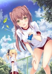 Rule 34 | 2girls, :d, aircraft, airplane, blonde hair, blue sky, blush, breasts, brown hair, buruma, can, chain-link fence, cloud, contrail, day, drink can, fence, giving, gym uniform, hair ribbon, hatsu (first snow), holding, holding can, leaf, leaning forward, lens flare, long hair, looking at viewer, looking back, medium breasts, moe2017, multiple girls, open mouth, original, outdoors, ponytail, purple eyes, ribbon, round teeth, shirt, short sleeves, sidelocks, sky, smile, soda can, teeth, two side up, yellow eyes