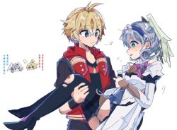 Rule 34 | 1boy, 1girl, blonde hair, blue eyes, blush, braid, breasts, breath, carrying, crown braid, head wings, hetero, juliet sleeves, long sleeves, medium breasts, melia antiqua, mugimugis, princess carry, puffy sleeves, scraped knee, shulk (xenoblade), silver hair, simple background, thighhighs, torn clothes, torn legwear, translation request, white background, wings, xenoblade chronicles: future connected, xenoblade chronicles (series), xenoblade chronicles 1