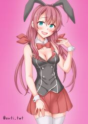 Rule 34 | 1girl, ahoge, alternate costume, anti (untea9), blue eyes, blush, breasts, cowboy shot, hair flaps, hair ribbon, hairband, highres, kantai collection, kawakaze (kancolle), leotard, long hair, low twintails, open mouth, pink background, playboy bunny, red hair, ribbon, skirt, small breasts, smile, thighhighs, twintails, very long hair, vest, white thighhighs