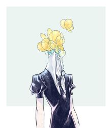 Rule 34 | 1other, animal, aqua gemstone, arms at sides, black necktie, bug, butterfly, gem uniform (houseki no kuni), grey background, headless, highres, houseki no kuni, insect, necktie, nogarenano, other focus, phosphophyllite, puffy short sleeves, puffy sleeves, short sleeves, solo, transparent, upper body, yellow butterfly