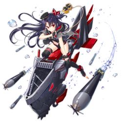 Rule 34 | 1girl, azur lane, black footwear, black gloves, black hair, black jacket, black leotard, blush, boots, center opening, cross, fingerless gloves, floating hair, gloves, hat, jacket, leotard, long hair, looking at viewer, machinery, navel, official art, one side up, open clothes, open jacket, peaked cap, red eyes, riding, short sleeves, sidelocks, smile, solo, stomach, thigh boots, thighhighs, thighs, torpedo, transparent background, u-73 (azur lane), v-shaped eyebrows, very long hair, water drop, yano mitsuki (nanairo)