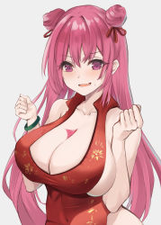 Rule 34 | 1girl, absurdres, alcohol, azur lane, bare shoulders, blush, breasts, china dress, chinese clothes, cleavage, clenched hands, collarbone, commentary request, covered navel, cowboy shot, double bun, dress, fang, hair between eyes, hair bun, hair ribbon, hands up, highres, la galissonniere (azur lane), la galissonniere (lush spring dreams) (azur lane), large breasts, long hair, looking at viewer, neneneji, official alternate costume, parted lips, pink eyes, pink hair, red dress, red wine, ribbon, side slit, sideboob, sidelocks, simple background, skin fang, sleeveless, sleeveless dress, solo, standing, sweat, taut clothes, taut dress, white background, wine, wristband