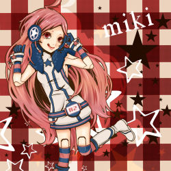 Rule 34 | 1girl, :p, aco (acocan), ahoge, android, bad id, bad pixiv id, boots, cuffs, dress, gloves, headset, kneehighs, long hair, pink hair, plaid, red eyes, red hair, sf-a2 miki, socks, solo, star (symbol), striped clothes, striped socks, tongue, tongue out, vocaloid