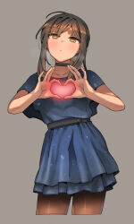 Rule 34 | 1girl, bad id, bad twitter id, black choker, black pantyhose, blue dress, blush, brown hair, choker, closed mouth, collarbone, commentary, cowboy shot, cropped legs, dress, ergot, fubuki (kancolle), green eyes, grey background, heart, heart hands, highres, kantai collection, looking at viewer, pantyhose, short hair, short ponytail, short sleeves, simple background, solo, symbol-only commentary, wedding dress