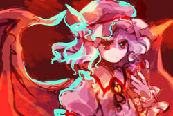 Rule 34 | 1girl, bat wings, collar, collared shirt, commentary request, flat chest, frilled shirt collar, frills, hand up, hat, highres, kaigen 1025, medium hair, mob cap, no nose, purple hair, red eyes, remilia scarlet, shirt, sketch, solo, touhou, wavy hair, white hat, white shirt, white wrist cuffs, wings, wrist cuffs