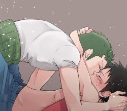 Rule 34 | 2boys, aco peda, arms around neck, black eyes, black hair, blush, boy on top, closed eyes, couple, facial scar, from side, green hair, grey background, haramaki, kiss, lying, male focus, monkey d. luffy, multiple boys, on back, one piece, open clothes, profile, roronoa zoro, scar, scar on cheek, scar on face, shirt, short hair, sideburns, simple background, tight clothes, tight shirt, upper body, white shirt, yaoi