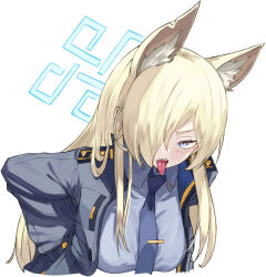 Rule 34 | 1girl, animal ear fluff, animal ears, black jacket, blonde hair, blue archive, blue necktie, blue shirt, blush, breasts, commentary, cropped torso, dress shirt, epaulettes, grey eyes, hair over one eye, hair over shoulder, half-closed eyes, halo, hand in pocket, highres, jacket, kanna (blue archive), large breasts, leaning forward, lechiennoir, long hair, long sleeves, looking at viewer, necktie, one eye covered, open clothes, open jacket, open mouth, police, police uniform, sharp teeth, shirt, simple background, solo, teeth, tie clip, tongue, tongue out, uniform, v-shaped eyebrows, white background