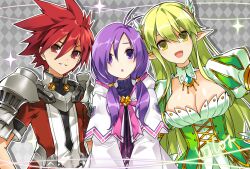 Rule 34 | 1boy, 2girls, aisha landar, antenna hair, armor, breasts, cleavage, commentary request, corset, detached collar, dress, elemental master (elsword), elf, elsword, elsword (character), grand archer (elsword), green dress, green eyes, green hair, hair between eyes, hair ornament, head wings, hood, hood down, large breasts, long hair, looking at viewer, lord knight (elsword), multiple girls, open mouth, pointy ears, purple eyes, purple hair, purple sweater, red eyes, red hair, red shirt, rena erindel, ribbed sweater, robe, shirt, shoulder armor, spiked hair, sweater, turtleneck, turtleneck sweater, twintails, very long hair, vilor, white robe, wings