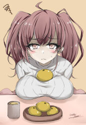 Rule 34 | 1girl, ahoge, alternate costume, atlanta (kancolle), breast rest, breasts, brown hair, cup, food, fruit, gakky, highres, kantai collection, large breasts, long hair, looking at viewer, mandarin orange, ribbed sweater, solo, squiggle, sweater, two side up, white sweater, yunomi