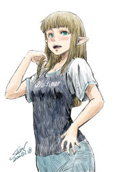 Rule 34 | 1girl, absurdres, blonde hair, blue shirt, blue skirt, collarbone, cowboy shot, dated, elf, green eyes, hand in own hair, highres, long hair, looking at viewer, open mouth, original, pointy ears, shin iroenpitsu, shirt, short sleeves, signature, simple background, skirt, solo, teeth, two-tone shirt, white background