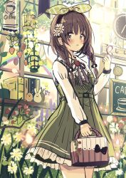 Rule 34 | 1girl, animal, bag, black hairband, blush, braid, brown eyes, brown hair, bug, butterfly, butterfly on hand, clock, commentary request, dress, flower, food, fruit, green dress, green ribbon, hair between eyes, hair flower, hair ornament, hair ribbon, hairband, hand up, highres, holding, holding bag, insect, long hair, long sleeves, looking at viewer, low twintails, original, parted lips, purple flower, red flower, ribbon, sakura oriko, shirt, sleeveless, sleeveless dress, solo, standing, strawberry, twin braids, twintails, wall clock, white flower, white shirt
