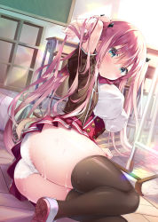 Rule 34 | 1girl, arm up, ass, blue eyes, blush, bra visible through clothes, breasts, broom, buttons, chair, chalkboard, classroom, closed mouth, commentary request, covered erect nipples, desk, double-breasted, hair ribbon, hand in own hair, highres, indoors, kino (kino konomi), large breasts, long hair, on floor, original, panties, pink hair, pleated skirt, red skirt, ribbon, school chair, school desk, school uniform, shelf, shirt, short sleeves, sitting, skirt, solo, thighhighs, thighs, underwear, v-shaped eyebrows, very long hair, wet, wet clothes, wet shirt, white panties, white shirt