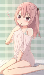 Rule 34 | 1girl, ?, barefoot, between legs, blouse, blush, bra, commentary request, female focus, finger to mouth, hair between eyes, hand between legs, hand up, highres, inui sajuna, long hair, looking at viewer, off shoulder, pink eyes, pink hair, plaid, shirt, short sleeves, sitting, solo, sono bisque doll wa koi wo suru, striped bra, striped clothes, takasuma hiro, underwear, wariza, white shirt