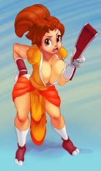 Rule 34 | 1girl, breasts, cleavage cutout, clothing cutout, folding fan, fusion, gonzozeppeli, hand fan, hand on own hip, large breasts, mario (series), ninja, nintendo, ponytail, princess daisy, puffy short sleeves, puffy sleeves, red eyes, red hair, revealing clothes, shiranui mai, short sleeves, snk, socks, solo, super mario land, tabi, the king of fighters