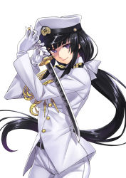 Rule 34 | 10s, 1girl, aiguillette, belt, black hair, blunt bangs, bow, breasts, buttons, female admiral (kancolle), fighting stance, gloves, hair bow, hands up, hat, holding, holding weapon, kantai collection, large breasts, light smile, long hair, long sleeves, looking at viewer, low ponytail, matsuryuu, military, military uniform, mole, mole under mouth, naval uniform, pants, peaked cap, ponytail, purple eyes, revision, simple background, smile, solo, standing, sword, translation request, uniform, very long hair, wakizashi, weapon, white background, white gloves