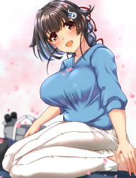 Rule 34 | 1girl, absurdres, bag, black hair, blue sweater, braid, breasts, feet out of frame, hair flaps, hair ornament, hairclip, highres, jingei (kancolle), kantai collection, large breasts, long hair, low ponytail, official alternate costume, pants, red eyes, seiza, shigatsu (soratobuusagi), single braid, sitting, smile, solo, sweater, white pants