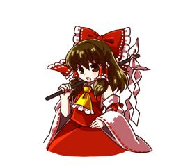 Rule 34 | 1girl, ascot, blush, bow, brown eyes, brown hair, detached sleeves, gohei, hair bow, hair ribbon, hair tubes, hakurei reimu, large bow, long hair, looking at viewer, open mouth, over shoulder, ribbon, skirt, skirt set, socha, solo, teeth, touhou, transparent background, vest, weapon, weapon over shoulder