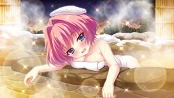 Rule 34 | 1girl, bamboo fence, bathing, blue eyes, breast rest, breasts, cleavage, collarbone, dot nose, fence, film grain, game cg, hair intakes, head tilt, hiiragi kae, izumi tsubasu, large breasts, lens flare, looking at viewer, mountainous horizon, naked towel, night, night sky, non-web source, official art, onsen, open mouth, partially submerged, pink hair, re:stage!, relaxing, rock, short hair, sky, smile, snow, solo, sparkle, star (sky), starry sky, steam, towel, towel on head, town, tree