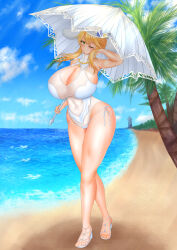 Rule 34 | 1girl, artoria pendragon (all), artoria pendragon (fate), artoria pendragon (swimsuit ruler) (fate), artoria pendragon (swimsuit ruler) (second ascension) (fate), beach, blonde hair, breasts, cleavage, fate/grand order, fate (series), green eyes, hat, hat ribbon, high heels, highres, huge breasts, jewelry, necklace, ocean, one-piece swimsuit, one eye closed, palms, ribbon, runrun, sand, sidelocks, sky, smile, solo, swimsuit, tagme, thick thighs, thighs, umbrella, white high heels, wink