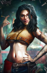 Rule 34 | 1girl, belt, black hair, black nails, blurry, blurry background, braid, breasts, brown eyes, capcom, cigarette, cleavage, crop top, denim, denim shorts, depth of field, devil may cry (series), devil may cry 5, dirty, dirty clothes, freckles, glasses, gnomo del bosque, hand on own hip, highres, lips, medium hair, nail polish, navel, nico (devil may cry), nose, red-framed eyewear, screw, short shorts, shorts, smile, solo, stomach, tattoo, tools, underboob, undershirt, utility belt