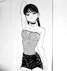 Rule 34 | 1girl, bad id, bad pixiv id, black hair, black shorts, braid, breasts, choker, cleavage, dende (dndn222), earrings, fishnet top, fishnets, greyscale, highres, hoop earrings, jewelry, looking at viewer, monochrome, original, scan, scan artifacts, shorts, solo, standing, traditional media, twin braids
