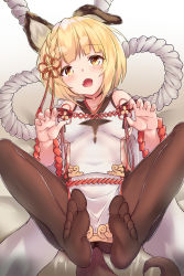 Rule 34 | 1girl, :d, absurdres, animal ears, bare shoulders, blonde hair, blush, braid, breasts, brown background, brown eyes, brown pantyhose, claw pose, collarbone, colored eyelashes, commentary request, dog ears, dog girl, dog tail, dress, erune, fang, feet, gradient background, granblue fantasy, hair ribbon, hands up, head tilt, highres, long sleeves, looking at viewer, medium breasts, no shoes, open mouth, pantyhose, ponta (velmar), red ribbon, ribbon, short hair, smile, soles, solo, tail, toes, vajra (granblue fantasy), white background, white dress, wide sleeves