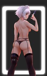 Rule 34 | ass, back, bare arms, bare back, bare shoulders, black panties, black thighhighs, braid, breasts, from behind, garter belt, garter straps, highres, holding, holding knife, izayoi sakuya, knife, lace, lace-trimmed legwear, lace trim, looking at viewer, looking back, maid headdress, medium breasts, mochi (chain csn), panties, profile, red eyes, side braid, sideboob, solo, standing, thighhighs, thong, topless, touhou, underwear, white hair