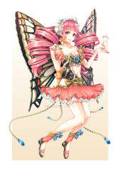 Rule 34 | 1girl, bonnet, breasts, butterfly wings, cleavage, collarbone, copyright name, drill hair, fairy, insect wings, lipstick, magic, makeup, midriff, navel, pink eyes, pink hair, seiten no megami saintia, skirt, solo, twin drills, twintails, vial, watermark, white background, wings, xxxpechkaxxx, yamagishi