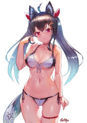Rule 34 | 1girl, absurdres, ahoge, animal ear fluff, animal ears, arpeggio kaga, bare arms, bare shoulders, bikini, black hair, breasts, choker, cleavage, closed mouth, collarbone, cowboy shot, dark persona, fox ears, fox girl, fox tail, front-tie bikini top, front-tie top, frown, gradient hair, hand up, highres, hololive, kurokami fubuki, long hair, looking at viewer, medium breasts, multicolored hair, navel, red choker, red eyes, revision, side-tie bikini bottom, simple background, skindentation, solo, stomach, string bikini, swimsuit, tail, thigh strap, thighs, twintails, two-tone bikini, virtual youtuber, white background, white bikini