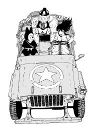 Rule 34 | 1girl, 2boys, :d, bow, breasts, buttons, car, closed mouth, coat, commentary request, dragon ball, dragon ball (classic), driving, frown, gloves, grey background, greyscale, hat, highres, kajino (aosansai), katana, left-hand drive, long hair, long sleeves, looking at another, mai (dragon ball), monochrome, motor vehicle, multiple boys, open mouth, pilaf, rear-view mirror, shoes, shuu (dragon ball), simple background, sitting, smile, snout, star (symbol), steering wheel, sword, sword behind back, vehicle focus, weapon, whiskers