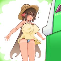 Rule 34 | 1girl, arcade cabinet, bare shoulders, blush, breasts, brown eyes, brown hair, dress, fang, hair between eyes, hat, highres, large breasts, long hair, open mouth, original, panties, ribbon, shiming liangjing, shortstack, smile, solo, standing, straw hat, sun hat, sundress, tan, tanline, thighs, underwear