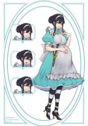 Rule 34 | 1girl, angry, black hair, black pantyhose, blush, character sheet, closed eyes, closed mouth, commission, dated, english text, fingernails, frills, hair between eyes, hair bun, hairband, high heels, highres, jewelry, long hair, multiple views, nail polish, necklace, original, pantyhose, parted lips, pregnant, puffy sleeves, ring, sad, scissors, sheath, sheathed, silver hairband, single hair bun, smile, striped clothes, striped pantyhose, tatsunami, teeth, yellow eyes, yellow nails