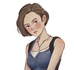 Rule 34 | 1girl, artist request, blue eyes, blue tank top, blush, breasts, brown hair, jill valentine, looking at viewer, non-web source, resident evil, resident evil 3, resident evil 3: nemesis, resident evil 3 (remake), short hair, simple background, small breasts, solo, source request, tank top, transparent background, upper body, white background
