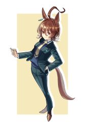 Rule 34 | 1girl, absurdres, agnes tachyon (umamusume), ahoge, alternate costume, animal ears, black jacket, black pants, blue sweater, breast pocket, brown footwear, brown hair, cigarette, closed mouth, collared shirt, earrings, formal, full body, hand in pocket, highres, holding, holding cigarette, horse ears, horse girl, horse tail, jacket, jewelry, loafers, long sleeves, looking at viewer, necktie, orange eyes, pant suit, pants, pocket, shirt, shoes, short hair, single earring, smile, solo, suit, sweater, tail, tokiwa png, umamusume, v-neck, white shirt, yellow necktie
