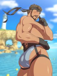 Rule 34 | 1boy, artist name, ass, ass focus, bara, beard, belt, blurry, blurry background, blush, brown hair, cliff, cloud, cloudy sky, eddlayer, facial hair, feet out of frame, gloves, hairy, headband, highres, large pectorals, lighthouse, looking at viewer, male focus, male underwear, manly, mature male, metal gear (series), metal gear solid, nipples, ocean, open mouth, outdoors, pectorals, short hair, signature, sky, solid snake, solo, teeth, thick arms, thick eyebrows, thick thighs, thighs, tongue, underwear, water