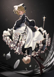 Rule 34 | 1girl, 2022, absurdres, afk arena, alternate costume, apron, black dress, blonde hair, blue eyes, braid, dress, dress grab, enmaided, half-closed eyes, highres, long sleeves, maid, maid apron, maid headdress, open mouth, plate, rosaline (afk arena), san (harutuki 3), solo, spinning, standing