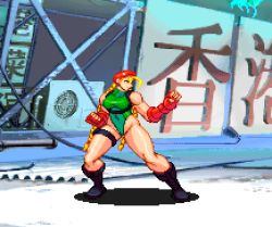 Rule 34 | 1girl, bare shoulders, blonde hair, boots, breasts, cammy white, capcom, fighting stance, fingerless gloves, gloves, hat, highleg, highleg leotard, kdekercy, large breasts, leotard, long hair, pixel art, sleeveless, street fighter, very long hair, wire