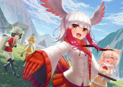 Rule 34 | 10s, 4girls, absurdres, alpaca ears, alpaca suri (kemono friends), animal ears, artist name, blue sky, chyffon, closed eyes, cloud, crested ibis, day, grass, hair over one eye, hand on own chest, head wings, highres, house, japanese crested ibis (kemono friends), kaban (kemono friends), kemono friends, looking at viewer, mountain, multiple girls, outdoors, pantyhose, reaching, reaching towards viewer, serval (kemono friends), serval tail, sky, smile, tail, wings