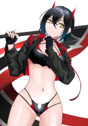 Rule 34 | 1girl, absurdres, azur lane, black collar, black gloves, black hair, black jacket, breasts, carrying over shoulder, collar, cowboy shot, crop top, cropped jacket, ear piercing, fingerless gloves, flag, frown, gloves, goth fashion, groin, hair between eyes, hands up, highleg, highleg panties, highres, hip focus, holding, holding flag, horns, jacket, legs apart, looking at viewer, looking down, medium breasts, multicolored hair, nail polish, navel, navel piercing, notsushi, open clothes, open jacket, panties, piercing, revealing clothes, serious, skindentation, slit pupils, solo, standing, two-tone hair, ulrich von hutten (azur lane), ulrich von hutten (ignition matrician) (azur lane), underwear, white hair, yellow eyes