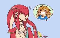 Rule 34 | 1boy, 1girl, blue background, colored skin, fish girl, grin, highres, jewelry, link, lips, mipha, multicolored skin, nintendo, no eyebrows, red skin, simple background, smile, the legend of zelda, the legend of zelda: breath of the wild, yuuzeart, zora