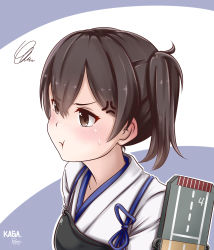 Rule 34 | 10s, 1girl, absurdres, anger vein, artist name, bad id, bad pixiv id, blush, brown eyes, brown hair, character name, dated, flight deck, hair between eyes, highres, japanese clothes, kaga (kancolle), kantai collection, multicolored background, muneate, plasbott, portrait, pout, short hair, side ponytail, solo, squiggle, sweatdrop