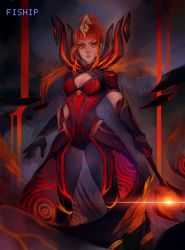 Rule 34 | 1girl, artist name, breasts, cape, cleavage, closed mouth, dress, gloves, highres, holding, holding staff, league of legends, looking at viewer, lux (league of legends), matilda fiship, medium breasts, ponytail, red eyes, red hair, solo, staff, standing