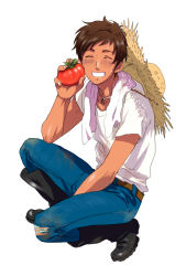 Rule 34 | 1boy, axis powers hetalia, blush, boots, brown hair, closed eyes, denim, dirty, food, full body, hat, highres, jeans, joy88, male focus, open mouth, pants, short hair, simple background, smile, solo, spain (hetalia), sun hat, sweat, tomato, torn clothes, towel, white background