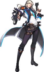Rule 34 | 1boy, alternate costume, aqua eyes, belt, boots, chaos online, dual wielding, full body, gun, handgun, highres, holding, long hair, looking at viewer, love cacao, male focus, official art, parted lips, solo, standing, transparent background, weapon, zerdin