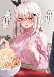Rule 34 | 1girl, 1other, @ @, bare shoulders, blush, bowl, breasts, brown skirt, butterfly hair ornament, chopsticks, clothing cutout, commentary request, drooling, etna (kuzuyu), food, food request, grey hair, hair between eyes, hair ornament, highres, holding, holding chopsticks, holding spoon, indoors, komori kuzuyu, large breasts, long hair, nose blush, one side up, open mouth, original, pink shirt, saliva, shirt, shoulder cutout, skirt, solo focus, spoon, sweat, translation request, very long hair, wooden floor