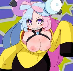 Rule 34 | 1girl, alternate breast size, bare shoulders, black jacket, blue hair, blush, bow-shaped hair, breastless clothes, breastless shirt, breasts, breasts out, character hair ornament, clenched teeth, collarbone, creatures (company), flashing, game freak, gen 1 pokemon, hair ornament, hanging breasts, iono (pokemon), jacket, large breasts, light blue hair, long sleeves, looking at viewer, magnemite, miyazero, multicolored clothes, multicolored hair, multicolored jacket, nintendo, no bra, no shirt, oversized clothes, pink hair, pokemon, pokemon sv, presenting, puffy areolae, puffy nipples, purple eyes, revision, screw, sharp teeth, shooting star, showing off, showing off breasts, sleeves past fingers, sleeves past wrists, smile, solo, split-color hair, star (symbol), starry background, sweat, symbol in eye, teeth, third-party edit, toothy grin, toothy smile, twintails, two-tone hair, two-tone jacket, v-shaped eyebrows, yellow jacket