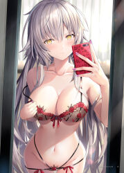 Rule 34 | 1girl, absurdres, blush, bra, breasts, cellphone, cleavage, closed mouth, collarbone, dark persona, fate/grand order, fate (series), female pov, floral print, grey bra, grey hair, grey panties, highres, jeanne d&#039;arc alter (avenger) (fate), jeanne d&#039;arc alter (fate), large breasts, long hair, looking at viewer, mirror, multi-strapped panties, navel, non-web source, panties, phone, pov, reflection, rin yuu, selfie, solo, strap slip, underwear, very long hair, yellow eyes