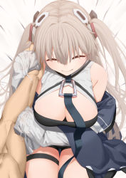 Rule 34 | 1girl, absurdres, anchorage (azur lane), arm grab, azur lane, bare shoulders, bike shorts, black shorts, blue neckwear, breasts, cleavage, cleavage cutout, closed eyes, closed mouth, clothing cutout, detached sleeves, downblouse, from above, hair ornament, hair over eyes, happy, headpat, highres, large breasts, leash, light brown hair, long sleeves, muscular, pov, pov hands, prophecy (rakuichimonji), short shorts, shorts, sitting, sleeveless, sleeves past wrists, smile, solo focus, thigh strap, thighs, twintails, white background
